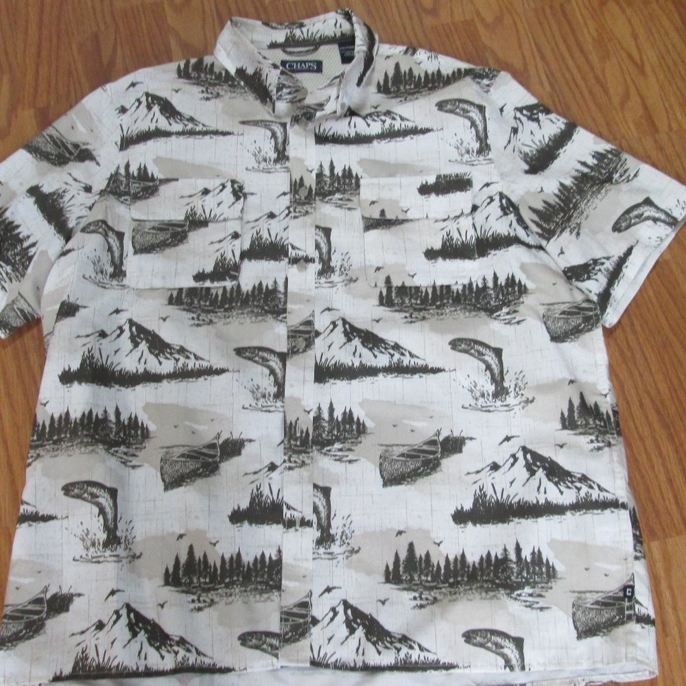 Chaps Size XXL Men's Shirt Trees Canoe Fish Mountains Mint Shape
